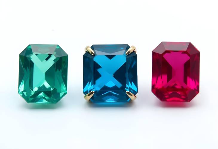 Vibrant Jewels Asscher Cut Sapphire, Ruby, and Emerald